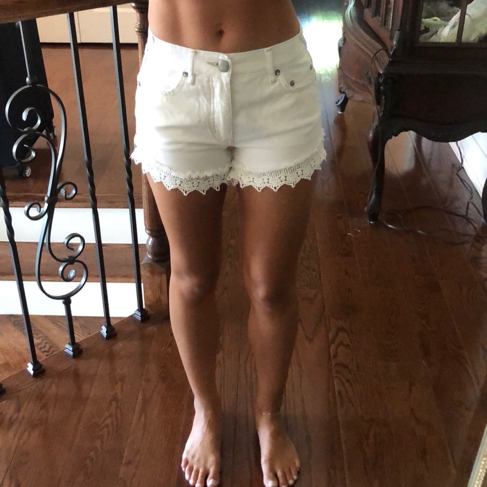 white denim shorts with lace trim